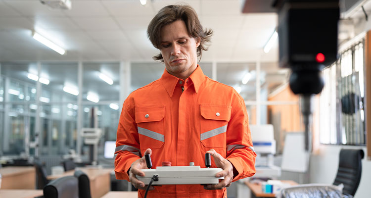 A man in orange overalls is operating a remote control.