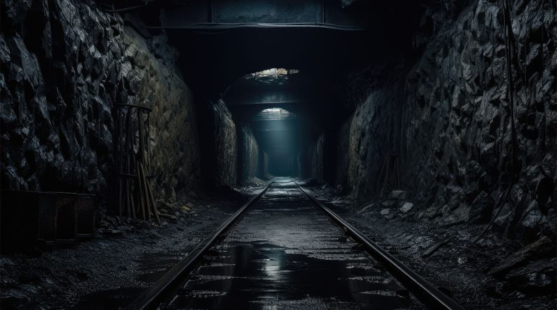 Digital image of a tunnel in a mining cave with small lights and tracks to support subsurfacing mining article