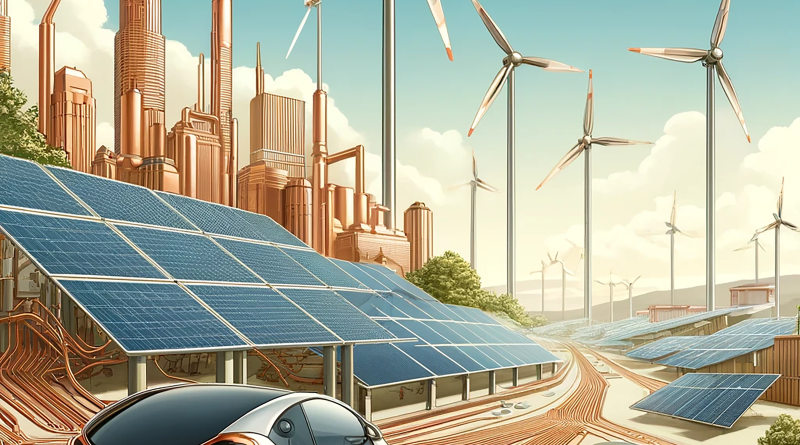 Illustration of a clean energy landscape with copper applications, featuring solar panels, wind turbines, and electric vehicles in a futuristic city setting to support critical raw materials article