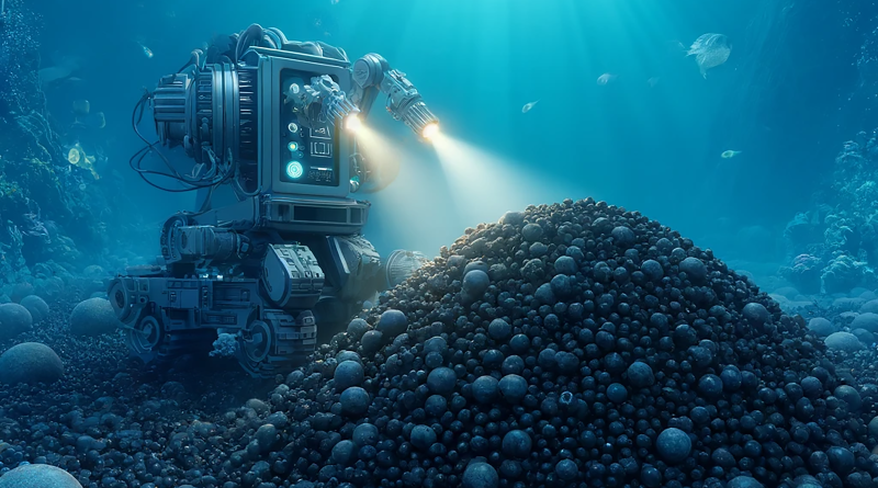 Futuristic robot mining cobalt and rare earth minerals on the ocean floor, surrounded by marine life, illustrating the intersection of technology and environmental impact to support deep sea mining article