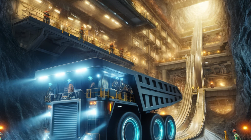 Artistic impression of a futuristic mining operation with an electric, battery-powered truck in an underground mine, showcasing sustainability with clean, emission-free technology.
