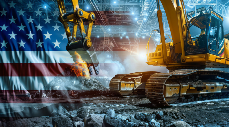 Digital image of mining equipment over the top of an American flag background to support Bureau of Mines article