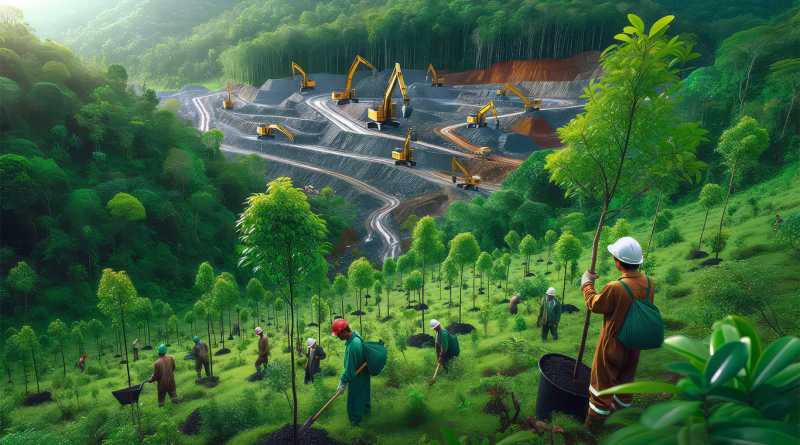 Digital image of multiple mining workers amidst a lush green forest to support sustainable mining article