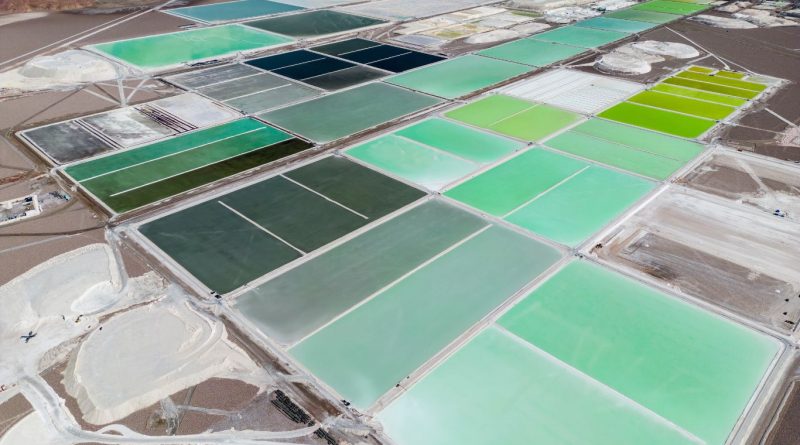 Evaporation ponds at a lithium mining site, used by top lithium mining companies for extracting lithium from brine.