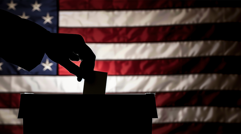 Silhouette of someone putting a vote in a box in front of the US flag to support Trump mining article