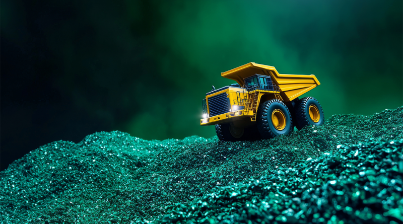 Yellow dump truck on green mining materials to support Quebec mining article