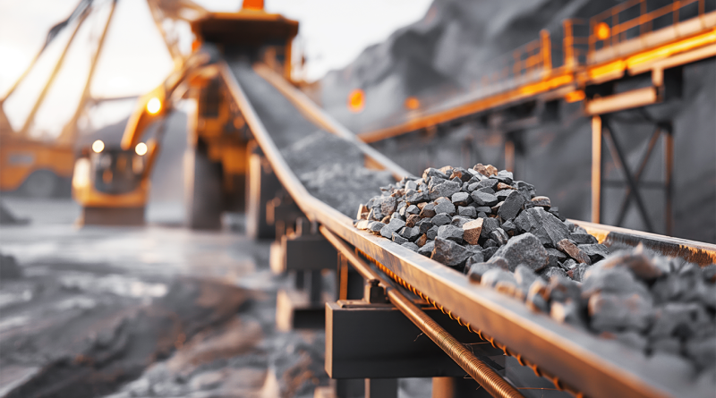 Close-up of coal rocks moving along an industrial conveyor belt at a large scale coal mining and processing facility.