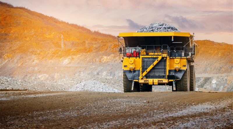 Banner open pit mine industry, big yellow mining truck for gold ore