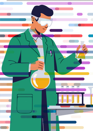 a digital illustration depicting a male scientist performing chemical experiments