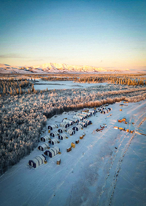 the Borealis Basecamp in Fairbanks, Alaska, featuring a collection of geodesic igloo cabins